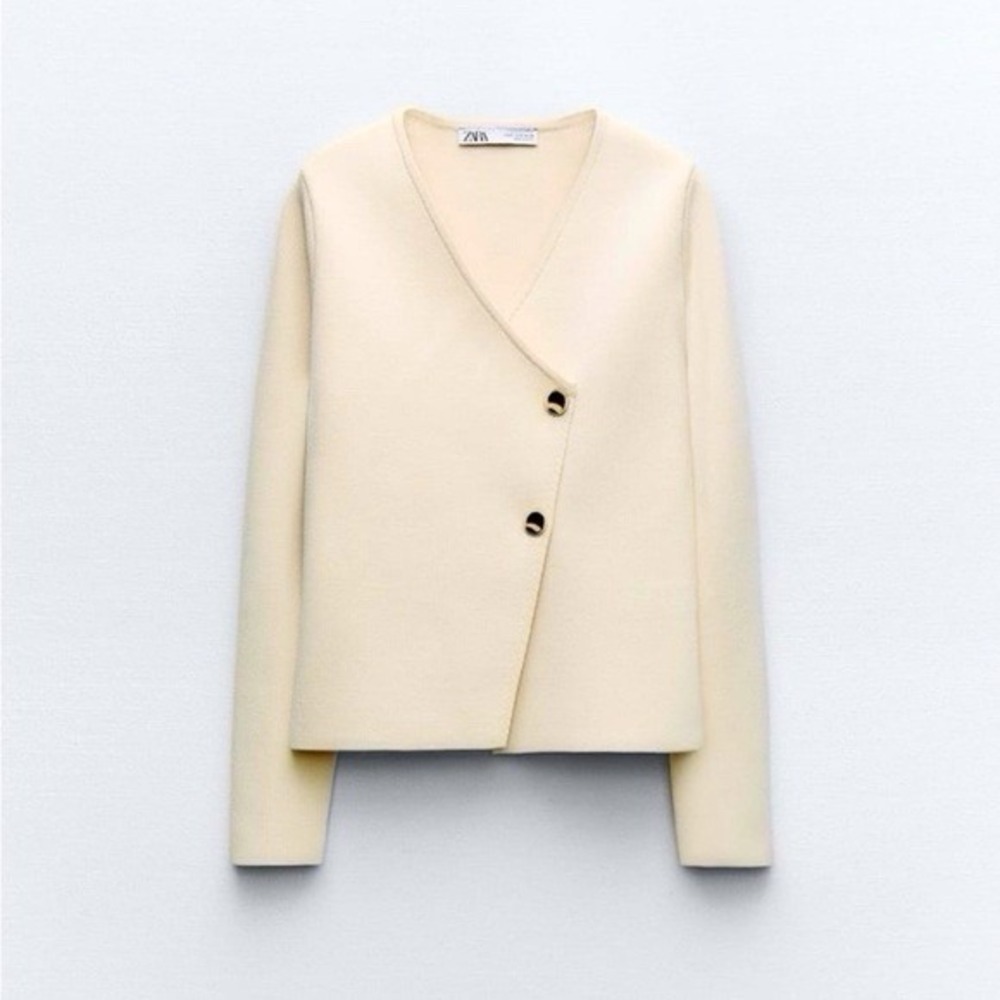 Zara Gold Button Tailored Knit Blazer Cardigan Ivory Women's Small Old Money